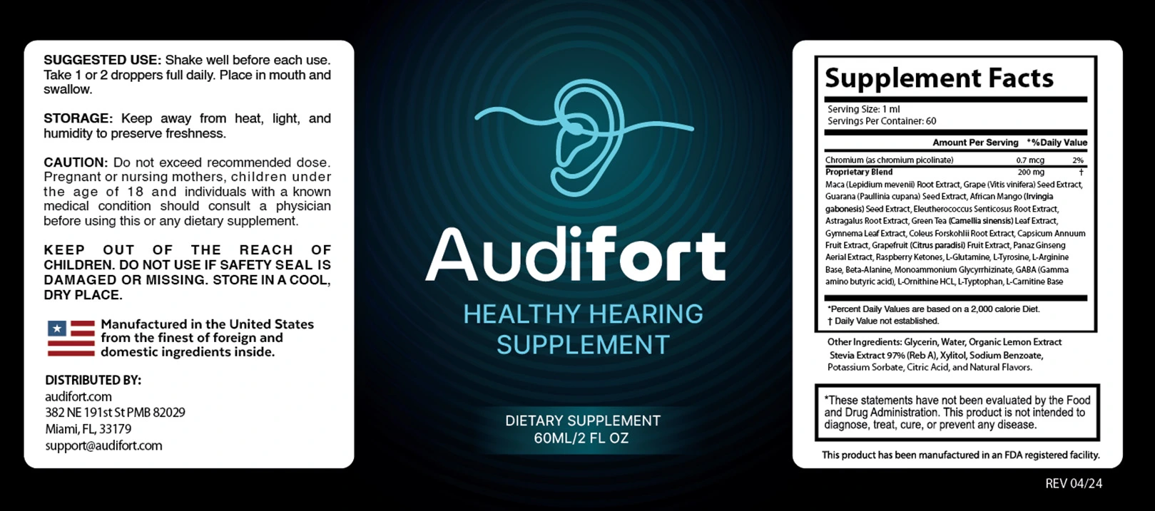 Audifort Supplement Facts label